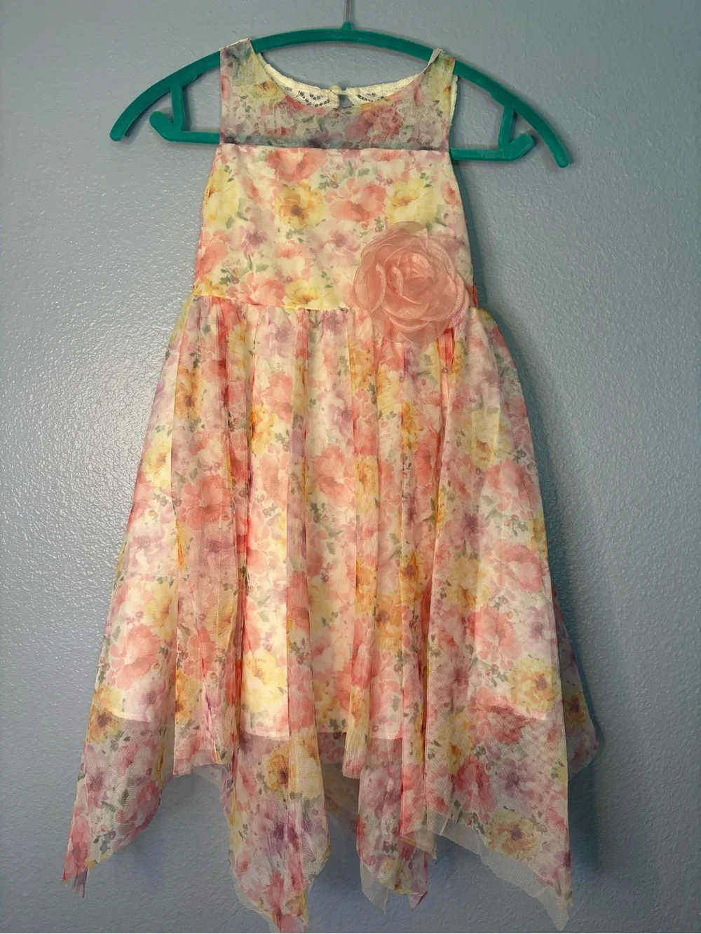 Bonnie Jean Pink Floral Handkerchief Hem Dress with Rosette